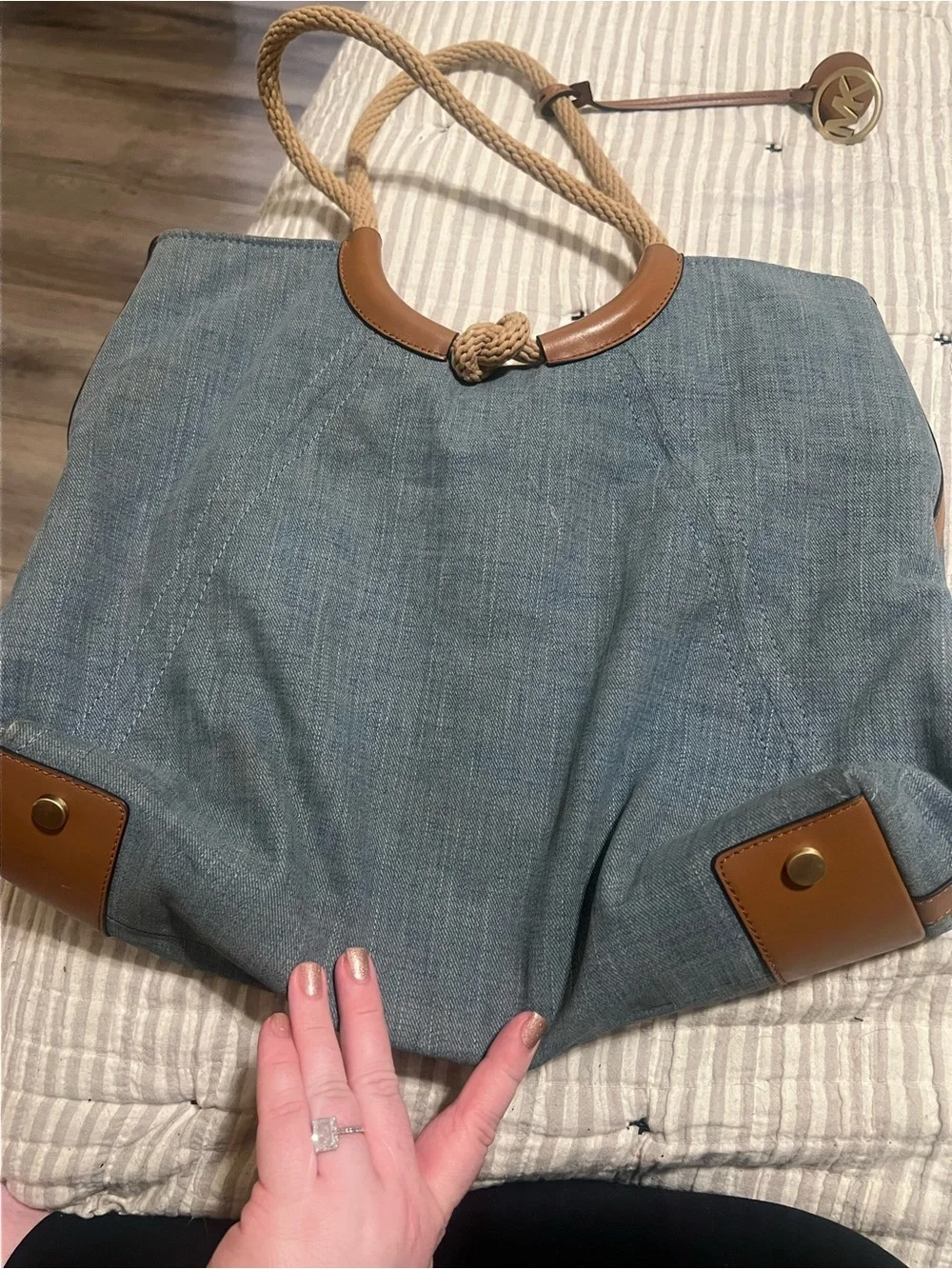 Michael Kors Light Blue Denim Tote with Tan Leather Accents - Picture 3 of 3